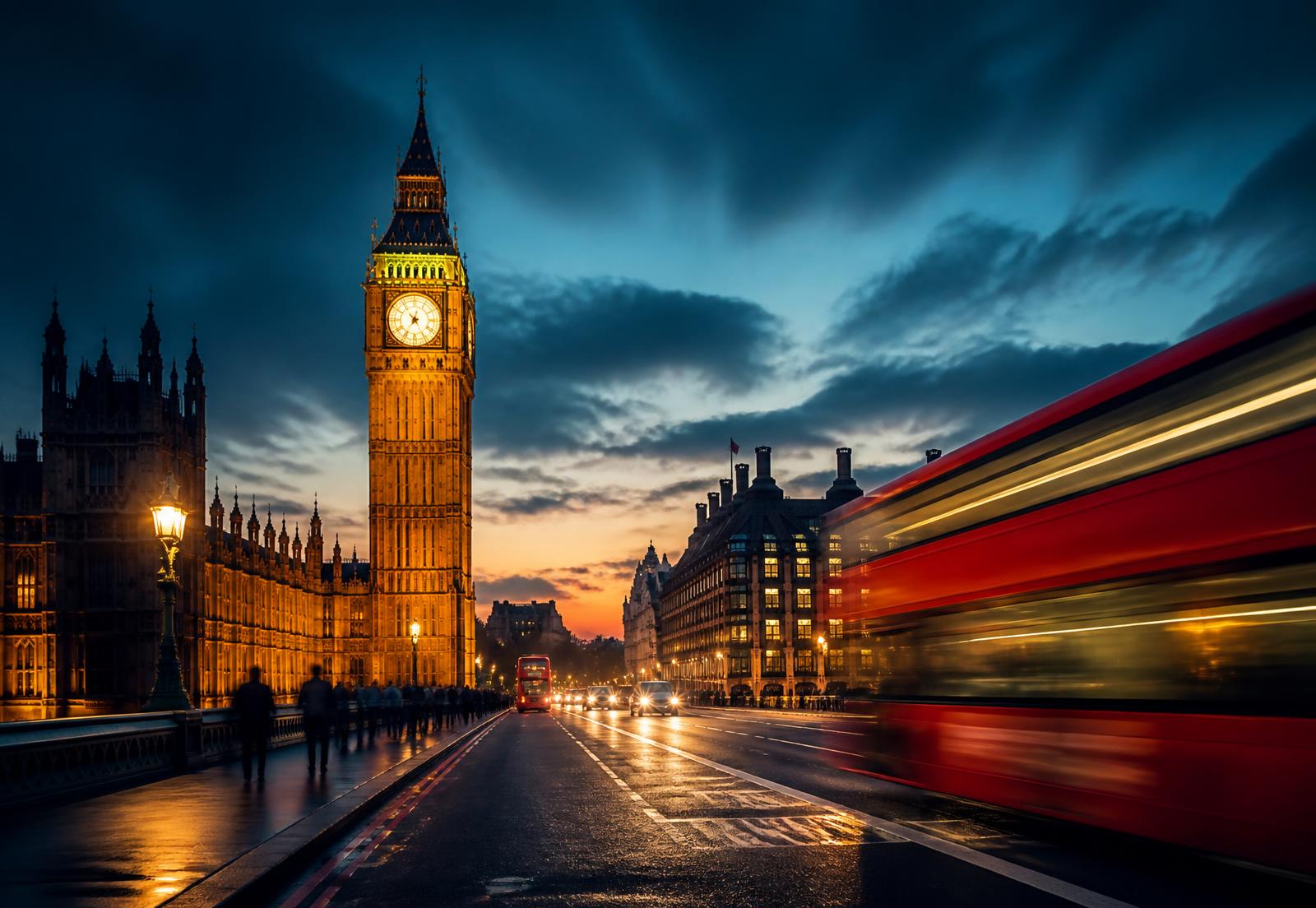 Londres ao entardecer com o Big Ben e um ônibus vermelho em movimento