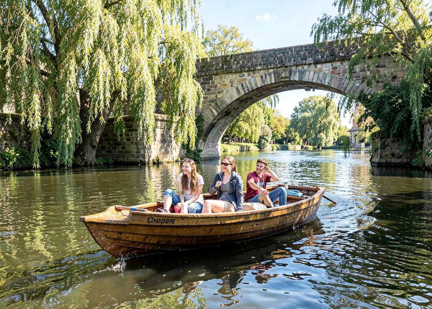 Punting em um rio de Oxford sob uma ponte de pedra