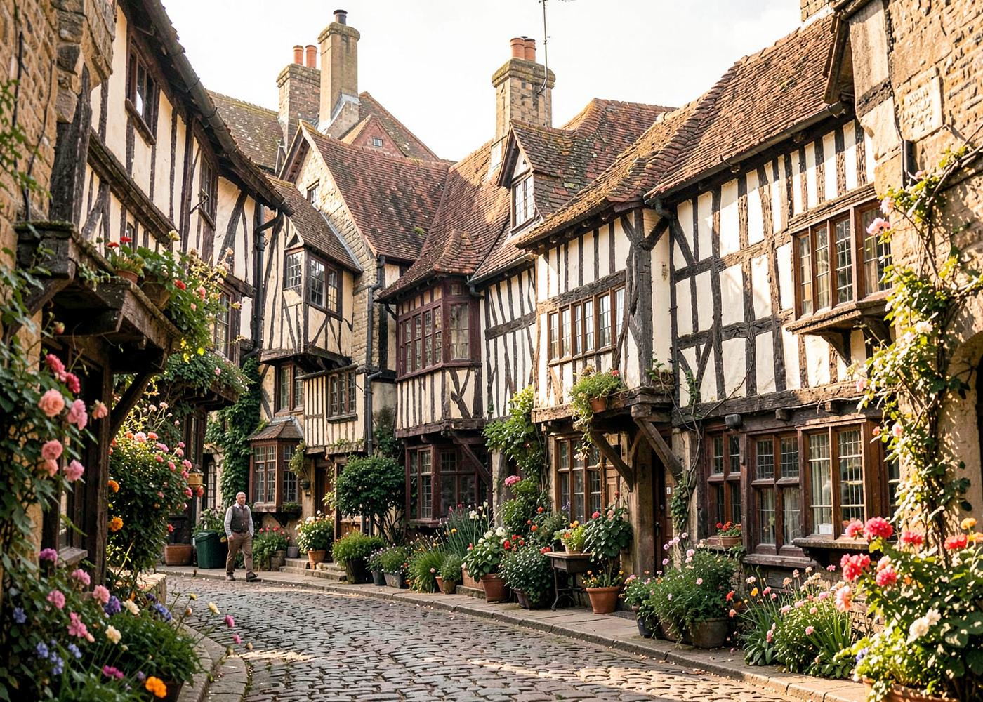 Rua de casas Tudor em Stratford-upon-Avon