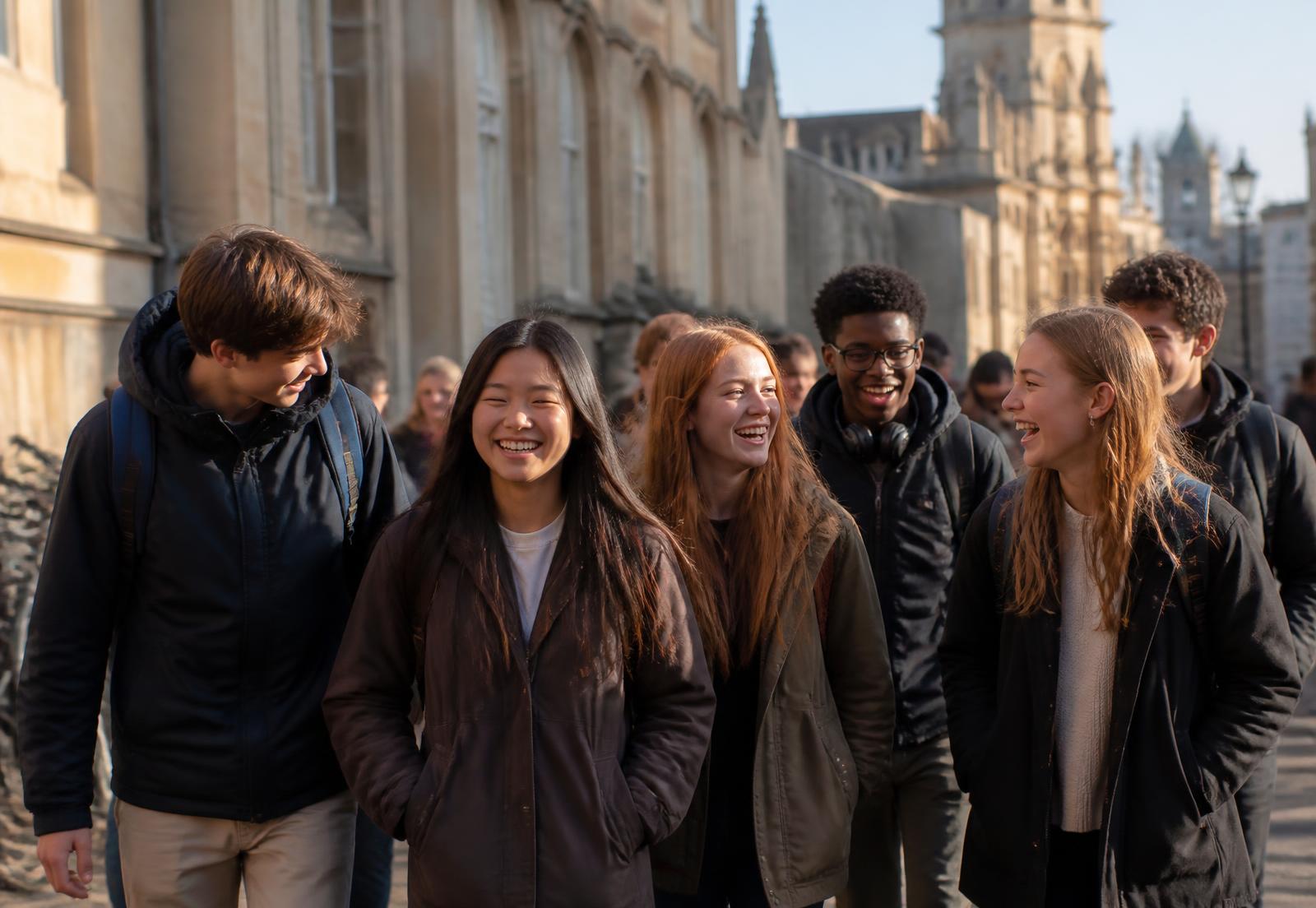 Adolescentes sorrindo juntos nas ruas de Oxford