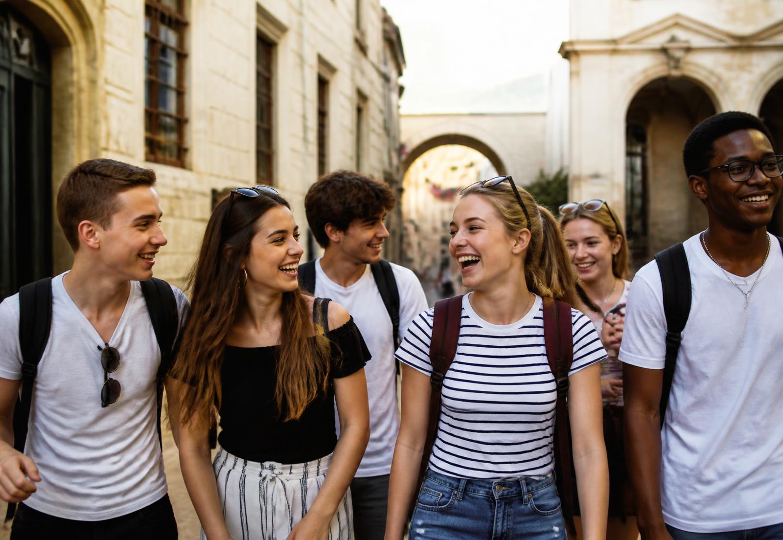 Adolescentes viajando e conversando juntos em uma rua europeia